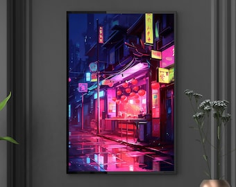 Cyberpunk Ramen Shop Print Cyber Punk Wall art Red Lantern Poster Futuristic Decor Anime Canvas Sci fi Wall Hanger Gift For Her Living Room