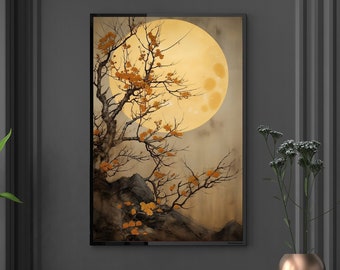 Japanese Kerria tree poster gift for her decor japanese tree moon painting Japan wall art living room wall hang japan art tree moon print