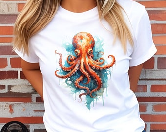 Watercolor Octopus T-shirt, Unisex T-shirt, Octopus tee, watercolor Tee, T shirt art, T shirt animal, Animal Tee, Octopus, Gift for him