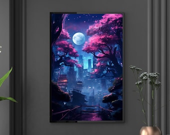 Cyberpunk Cherry Blossoms Print Cyber Punk Wall art Cherry Blossom Poster Pink Sakura Decor Anime Canvas Sci fi Wall Hanger Gift For Her