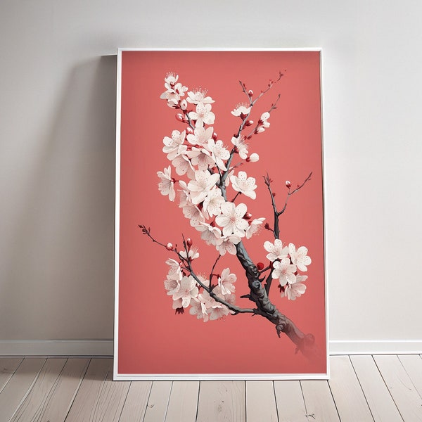 Cherry Blossom Branch Print, Traditional Japanese Sakura Poster Japan Ukiyo wall art living room wall hang Flowers Canvas Decor Sumi Salmon