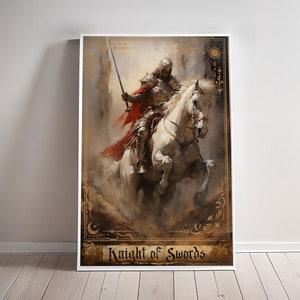 Knight of Swords Print Tarot Card Art Poster Suit of Swords Canvas Painting Wall Art Dark Academia Occult gift Living room Decor Geek hanger