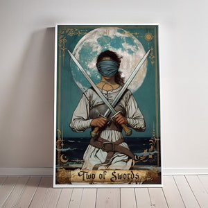 Two of Swords Print Tarot Card Art Poster Suit of Swords Canvas Painting Wall Art Dark Academia Occult gift Gaming room Decor Geek hanger
