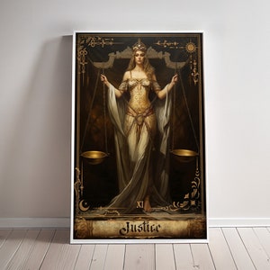 Cartaz de tarô da justiça, pôster de arte arcana principal, pintura em tela de justiça, arte de parede mística, cartões de tarô, presente, jogo de tabuleiro, decoração de sala geek