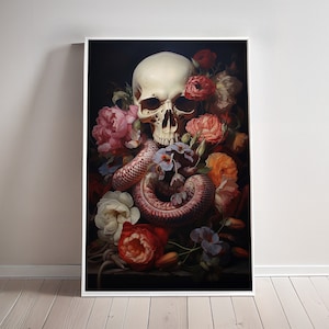 May include: A still life painting featuring a human skull surrounded by a variety of colorful flowers and a pink snake. The skull has a dark eye socket and a prominent jawbone. The flowers include pink peonies, red roses, and orange lilies. The snake is coiled around the skull and flowers.