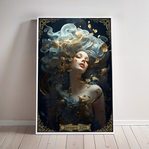 Affiche personnalisée signe du zodiaque Verseau, impression signe céleste, cadeau d'anniversaire personnalisé, peinture Belle époque, art mural, étoiles, décoration Art Nouveau, pour elle