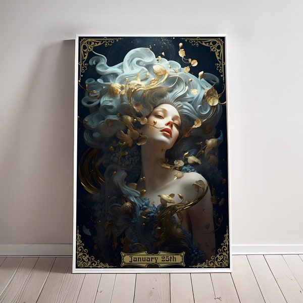 Personalized Aquarius Zodiac Print Celestial Sign Poster Custom Birthday Gift Belle Epoque Painting Wall Art Stars Art Nouveau Decor For Her