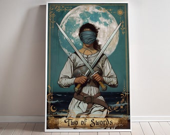 Two of Swords Print Tarot Card Art Poster Suit of Swords Canvas Painting Wall Art Dark Academia Occult gift Gaming room Decor Geek hanger