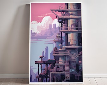 Retro Game Industrial Print, Cyber Punk Wall art Arcade Room Poster Comic Geek Decor Anime Canvas Sci fi Hanger 80&#39;s 8bit Pixel Gift For Her