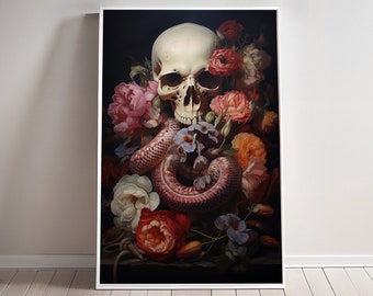 May include: A still life painting featuring a human skull surrounded by a variety of colorful flowers and a pink snake. The skull has a dark eye socket and a prominent jawbone. The flowers include pink peonies, red roses, and orange lilies. The snake is coiled around the skull and flowers.