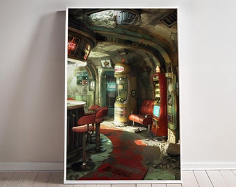 Retro Futuristic Bunker Print Vintage 50s Retrofuturism Wall art Fallout Town Post Apocalyptic Poster Underground Bunker Decor Sci-fi Canvas