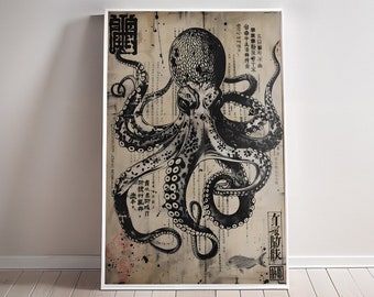 Octopus Silk Screen Poster Ukiyo-e print Traditional Eastern Art Print Ink Canvas Wall art Buddhism Game room sumi-e Birthday Gift for him