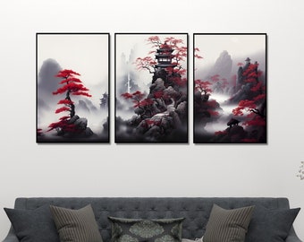 Panoramic Japanese Temple Prints Eastern Art Print Feudal Japan Canvas Art Wall Hanger Buddhism Game room sumi e Birthday Gift for him Canva