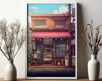 Kiosk Retro Game Print, Cyber Punk Wall art Arcade Room Poster Comic Room Decor Anime Canvas Sci fi Wall Hanger 80's 8bit Pixel Gift For Him