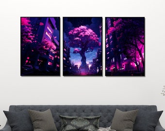 Panoramic Cyberpunk Sakura Prints Cyber punk Cherry Blossom Canvas Art Wall Hanger Anime Poster Game Synthwave City Game Living Room Decor