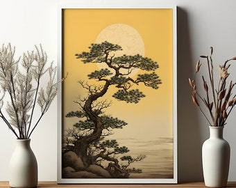 Japanese Bonsai Tree Print gift for him decor Moon painting Canvas wall art living room wall hanger japan pine tree Sunset poster Beautiful