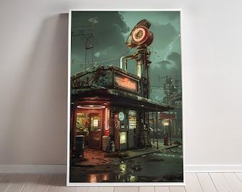 Retro Futuristic Outpost Print Vintage 50s car Wall art Fallout Town Post Apocalyptic Poster Geek Decor Gas Station Sci fi Canvas Gift For
