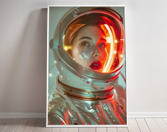 Astronaut Decor Girl Print Space Travel Poster Print Vintage 50s space art Retro futurism Wall art Astronaut wall decor retrofuturism Canvas