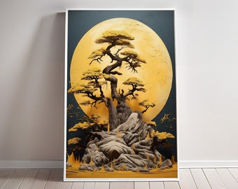 Stylized Bonsai Moon Print Japanese Midnight Poster Fall wall art living room wall hang Japan Canvas Abstract decor Serene and Peaceful Art