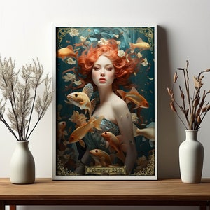 Affiche personnalisée signe du zodiaque poissons, impression signe céleste, cadeau d'anniversaire personnalisé, peinture Belle époque, art mural, étoiles, décoration Art Nouveau pour elle