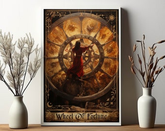Wheel Of Fortune Tarot Card Print Major Arcana Art Poster Wheel Canvas Painting Wall Art Tarots cards Birthday gift game room Decor Geek