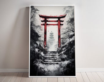 Torii Gate Day Poster Japanese Art Print Feudal Japan Canvas Edo era Wall Art Temple Wall Hanger Buddhism Game room Birthday Gift for him