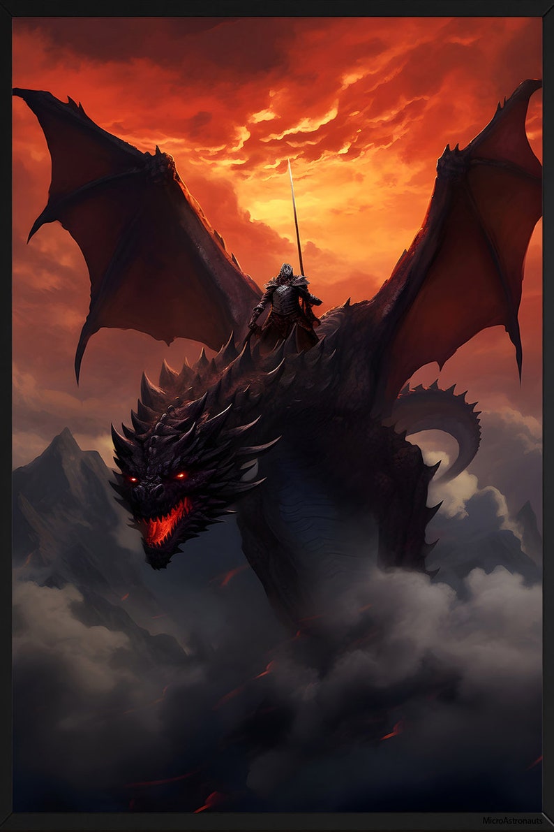 Black Dragon Rider Print Gift for Him Decor Fantasy Painting Mythical ...
