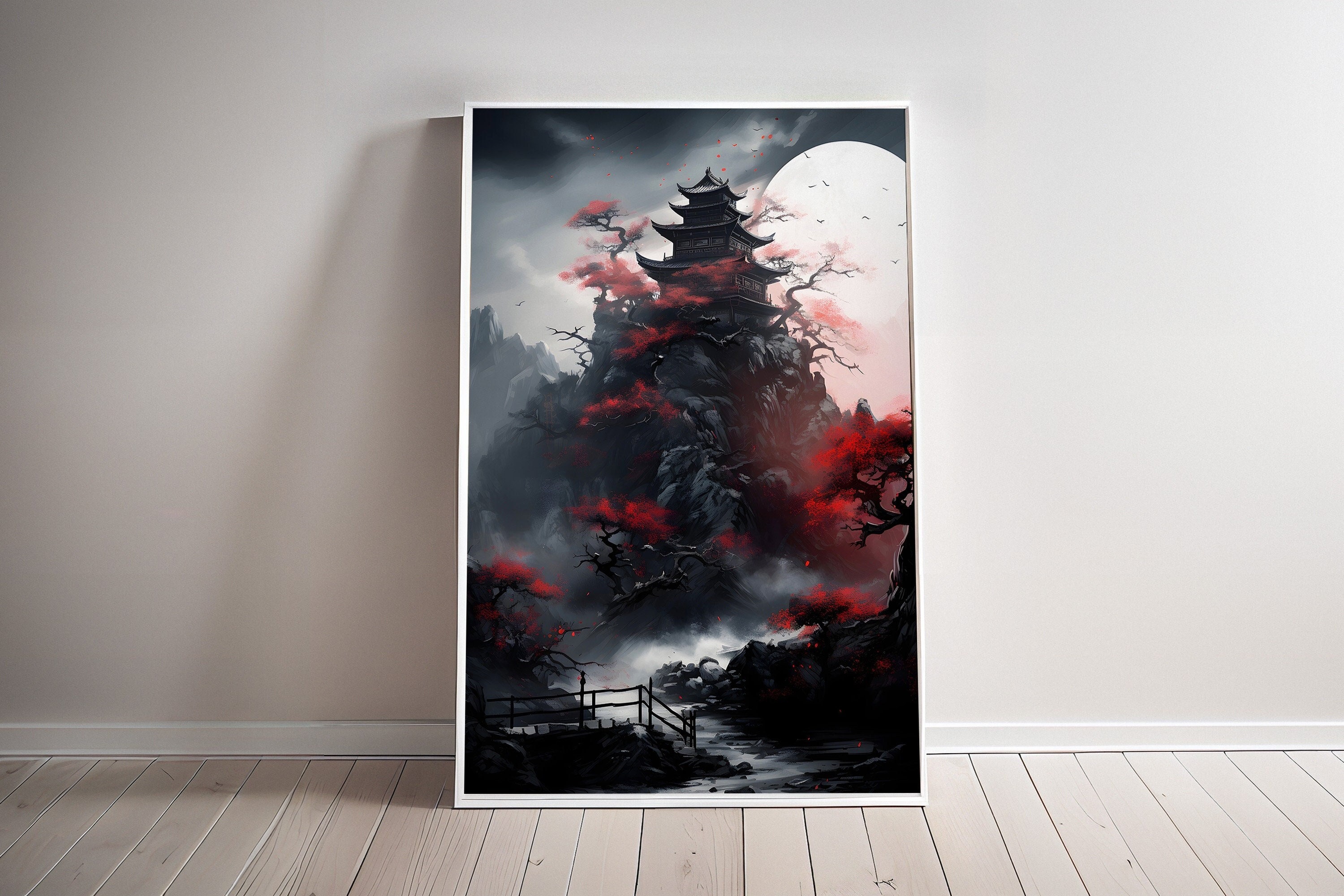 Traditional Japanese Temple Poster Night Eastern Art Print Feudal Japan Canva Art Wall Hanger Buddhism Game room sumie Birthday Gift for him