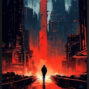 May include: A lone figure walks down a red-lit street in a futuristic city. Tall buildings line the street, casting long shadows. The street is wet, reflecting the red light.
