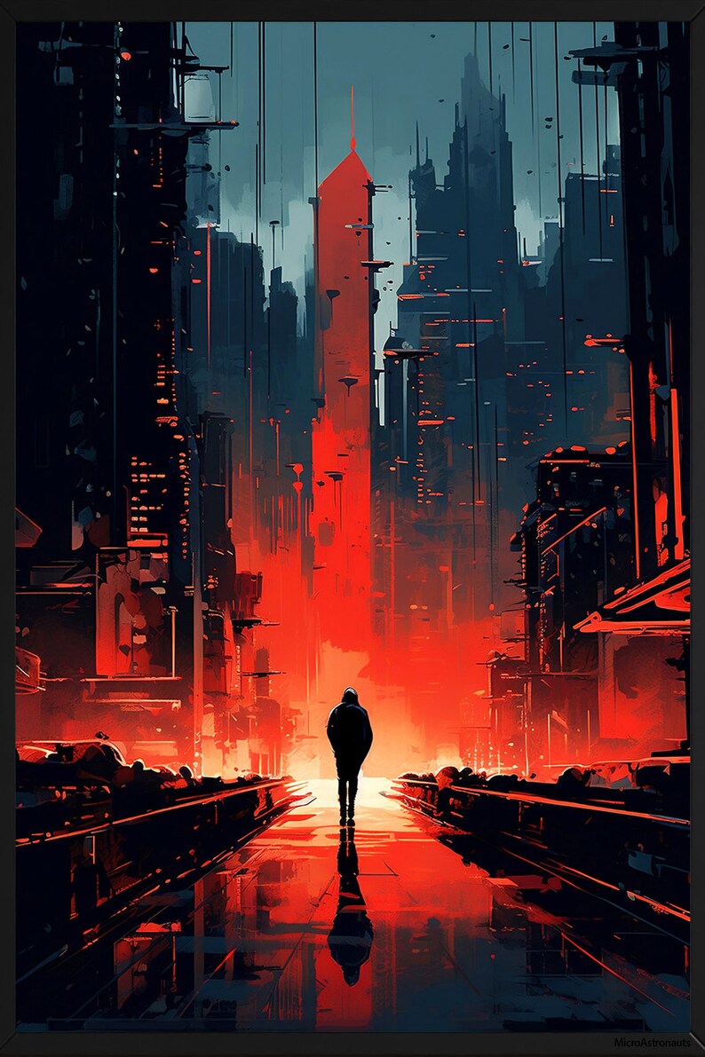 May include: A lone figure walks down a red-lit street in a futuristic city. Tall buildings line the street, casting long shadows. The street is wet, reflecting the red light.