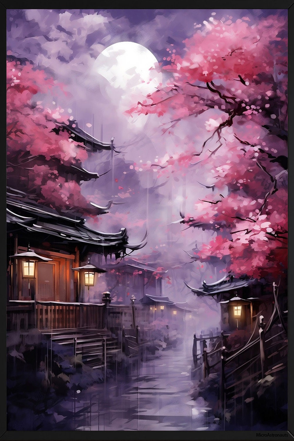 Moonlit Japanese Village Poster Rural Japan Watercolor Sakura Tree