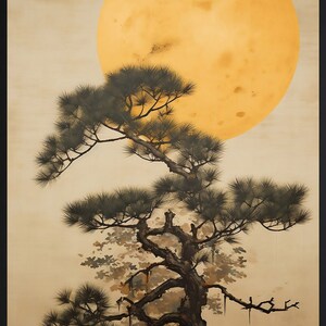 May include: A painting of a large, yellow moon with a dark, gnarled pine tree in the foreground. The tree has many branches and is silhouetted against the moon.