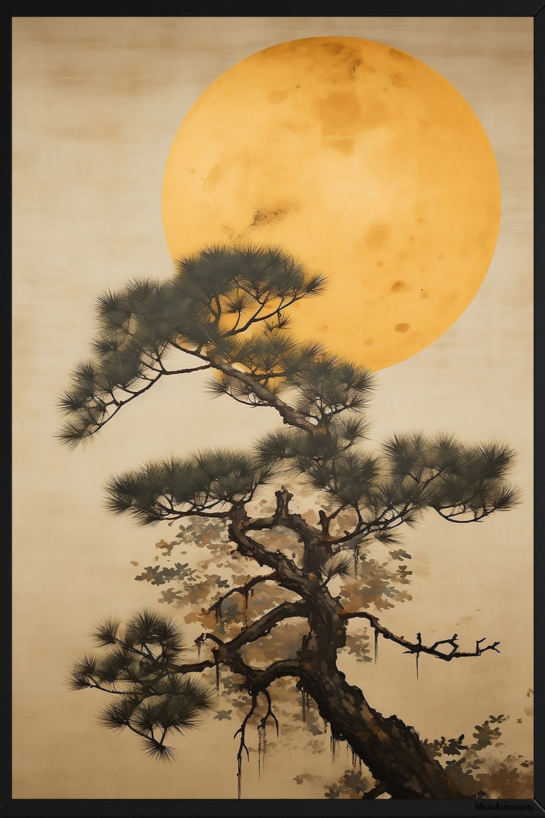 May include: A painting of a large, yellow moon with a dark, gnarled pine tree in the foreground. The tree has many branches and is silhouetted against the moon.