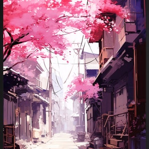 May include: A narrow, cobbled alleyway lined with traditional Japanese buildings. Pink cherry blossoms bloom overhead, casting a soft, pink glow on the scene. The alleyway is empty, creating a sense of peace and tranquility.