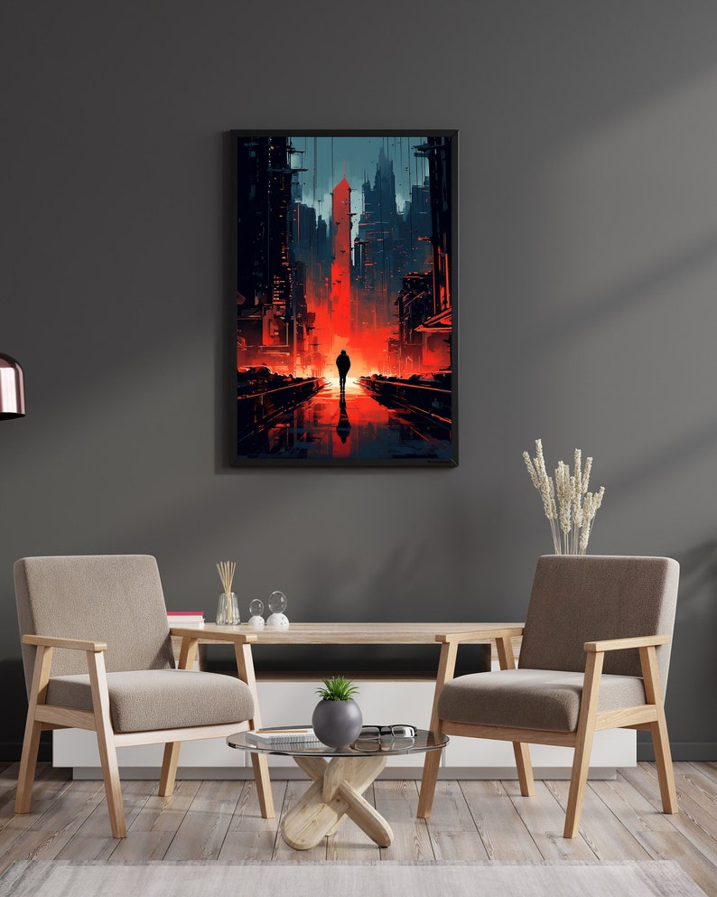 May include: A framed digital art print of a city street at night with a single person walking down the middle of the street. The street is illuminated by a red glow, and the buildings on either side are dark.