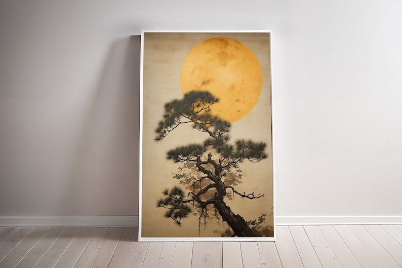 May include: A framed print of a Japanese-style painting depicting a dark green pine tree with a large, yellow moon in the background.