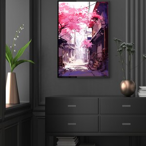May include: A digital painting depicting a narrow street in a Japanese city. The street is lined with traditional buildings and cherry blossom trees. The trees are in full bloom, and the pink blossoms are falling to the ground. The street is empty, and the sun is shining brightly.