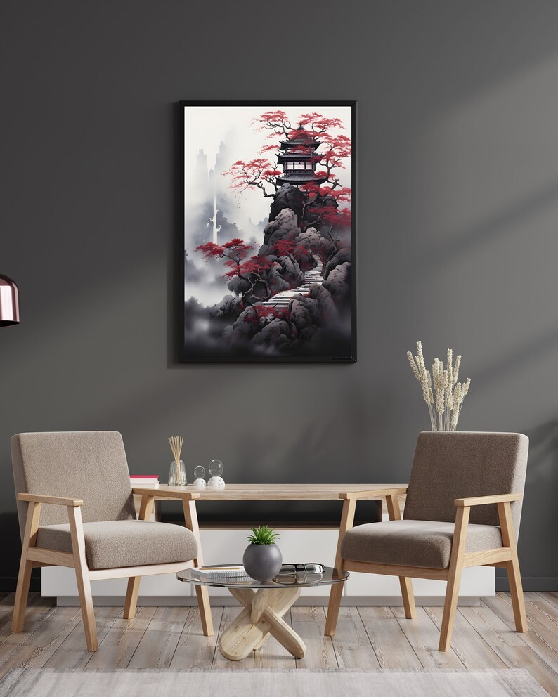Traditional Japanese Temple Poster Day Eastern Art Print Feudal Japan ...