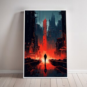 May include: A digital painting of a person walking down a dark, red-lit street in a futuristic city.