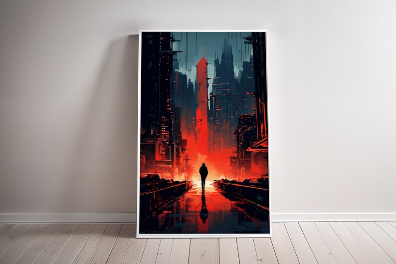 May include: A digital painting of a person walking down a dark, red-lit street in a futuristic city.