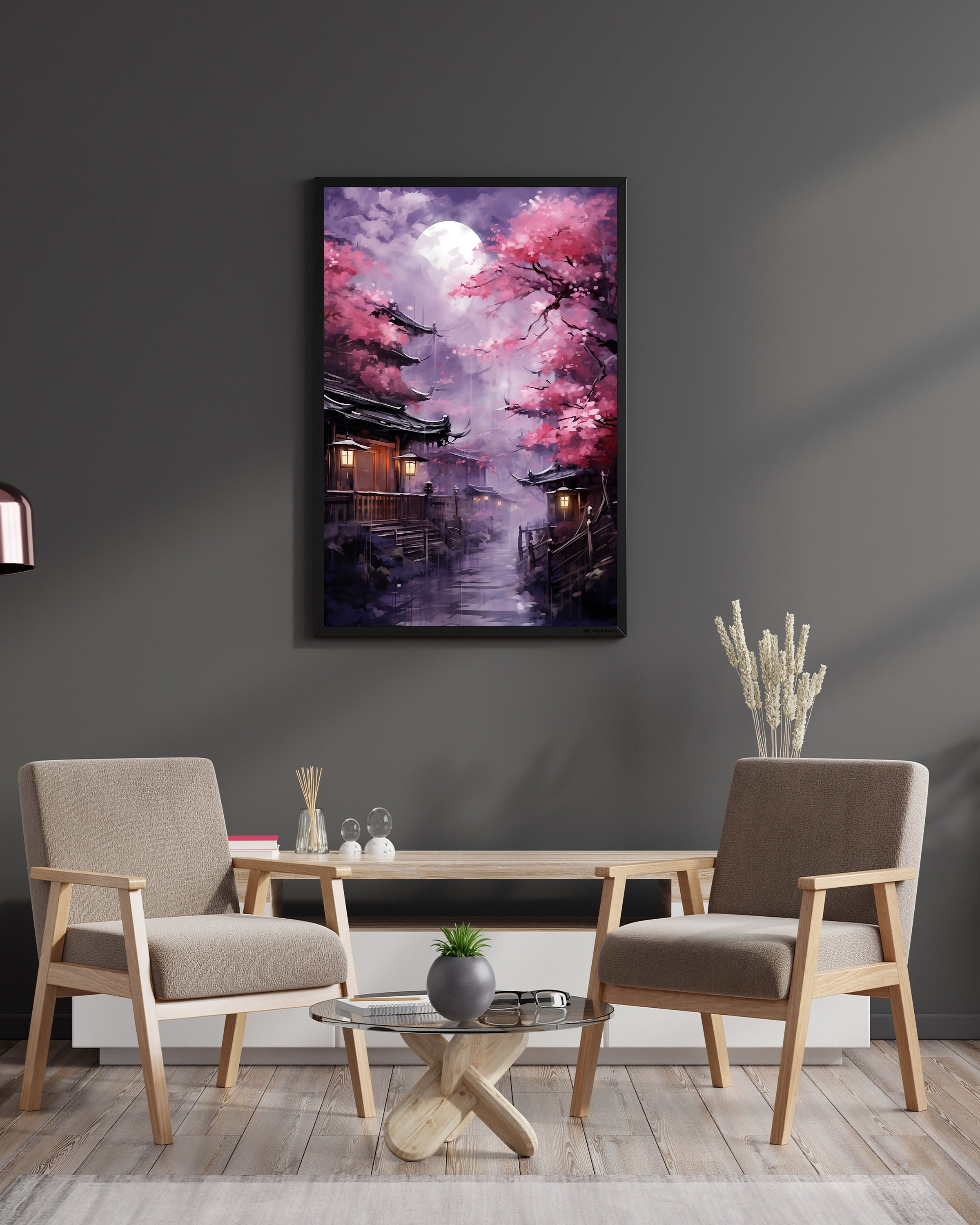 Moonlit Japanese Village Poster rural Japan watercolor Sakura Tree Digital Art Wall Hanger Cherry Blossom Canvas Moon Decor Gift Geek Art