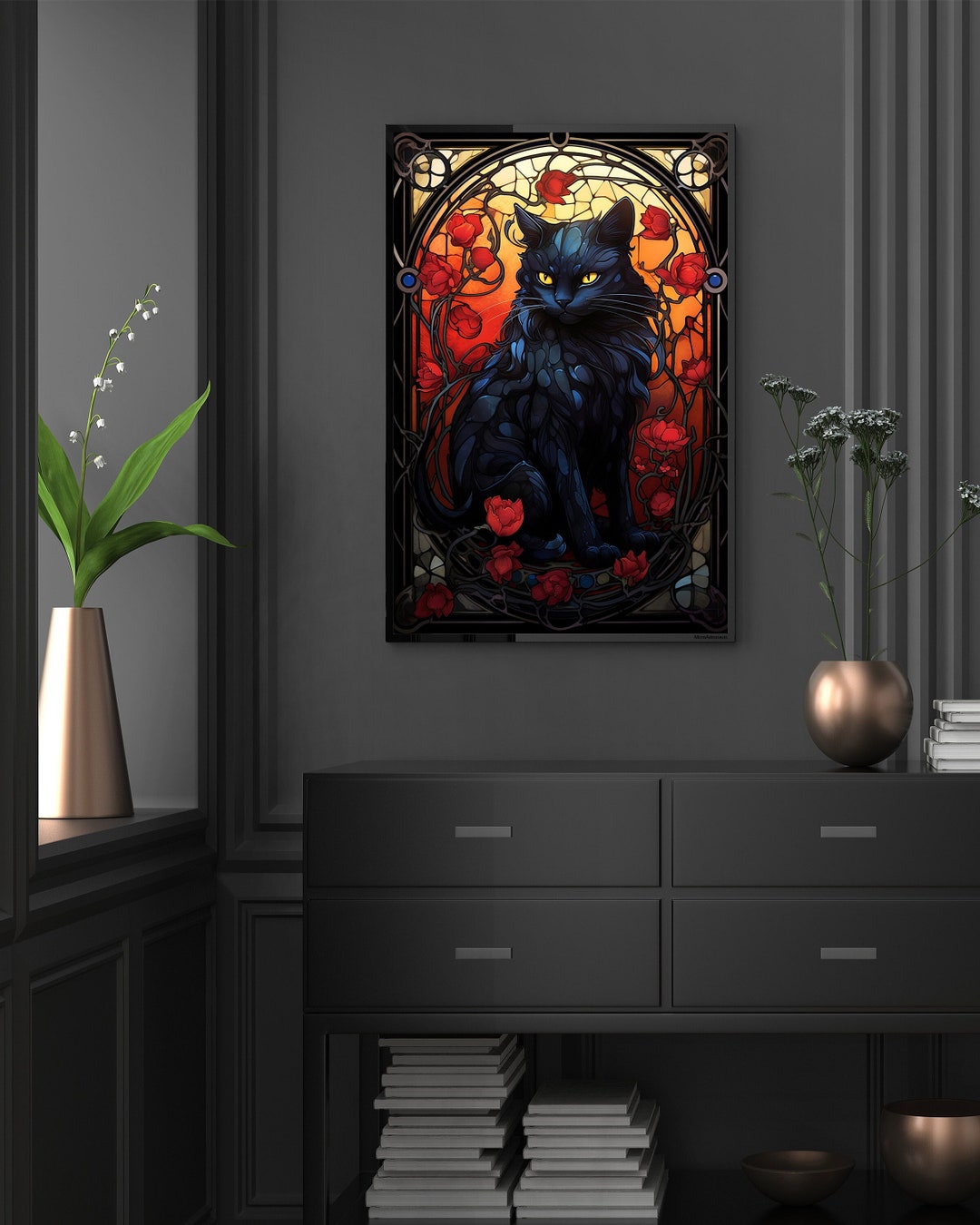 Stained Glass Black Cat Print Vitro Wall Art Halloween Poster Floral ...