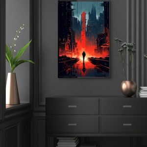 May include: A digital art print of a city street at night with a single person walking down the middle of the street. The street is lit up in red and the buildings are dark.