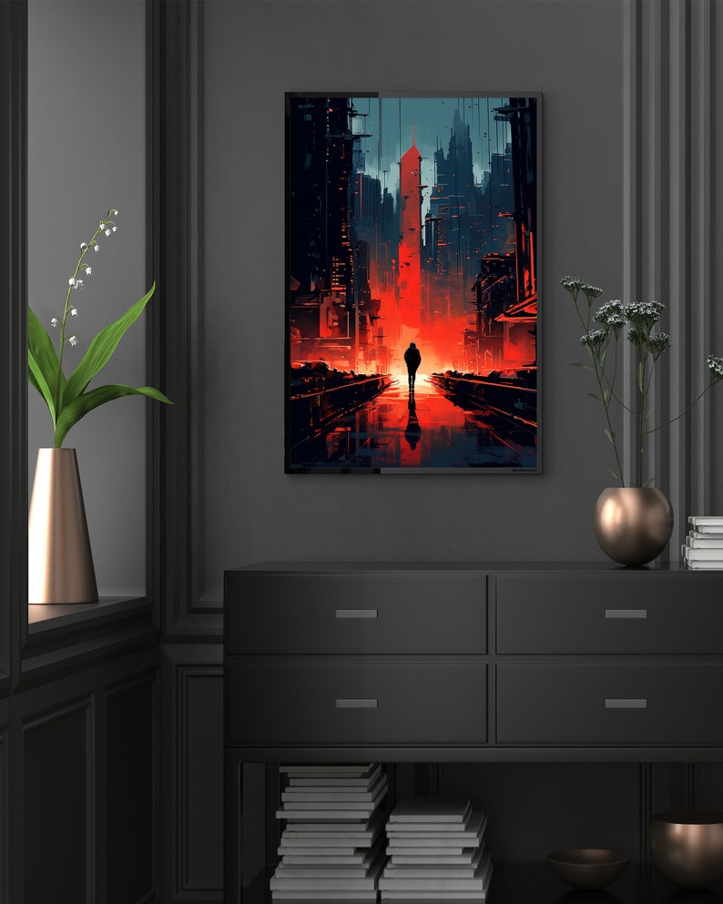 May include: A digital art print of a city street at night with a single person walking down the middle of the street. The street is lit up in red and the buildings are dark.