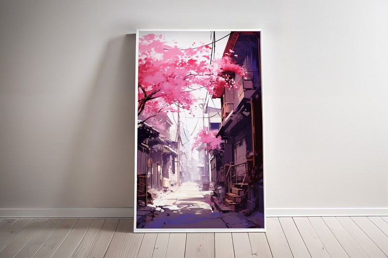 May include: A narrow alleyway in a Japanese city lined with buildings. Pink cherry blossoms bloom overhead, casting a soft light on the scene.