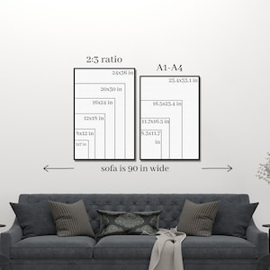 May include: A white wall with two black frames containing different sizes of paper. The frames are labeled "2:3 ratio" and "A1-A4". The text "sofa is 90 in wide" is written below the frames.
