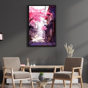 May include: A framed print depicting a Japanese alleyway with pink cherry blossom trees overhead. The alleyway is lined with traditional buildings and the ground is paved with stone.