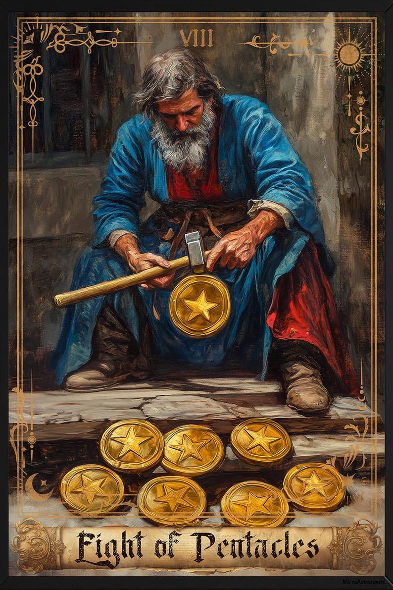 Eight of Pentacles Print Tarot Card Poster Suit of Pentacles 8 Canvas ...