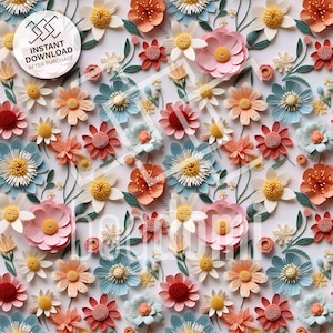 seamless pattern, embroidery, bloom, soft colors, flowers, sunny, summer, handcraft, intricate, 3D, symmetry, spring, handcraft, template