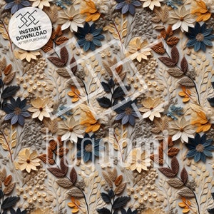 May include: A seamless pattern featuring a variety of paper flowers in shades of beige, brown, blue, and yellow. The flowers are arranged in a repeating pattern on a light gray background.